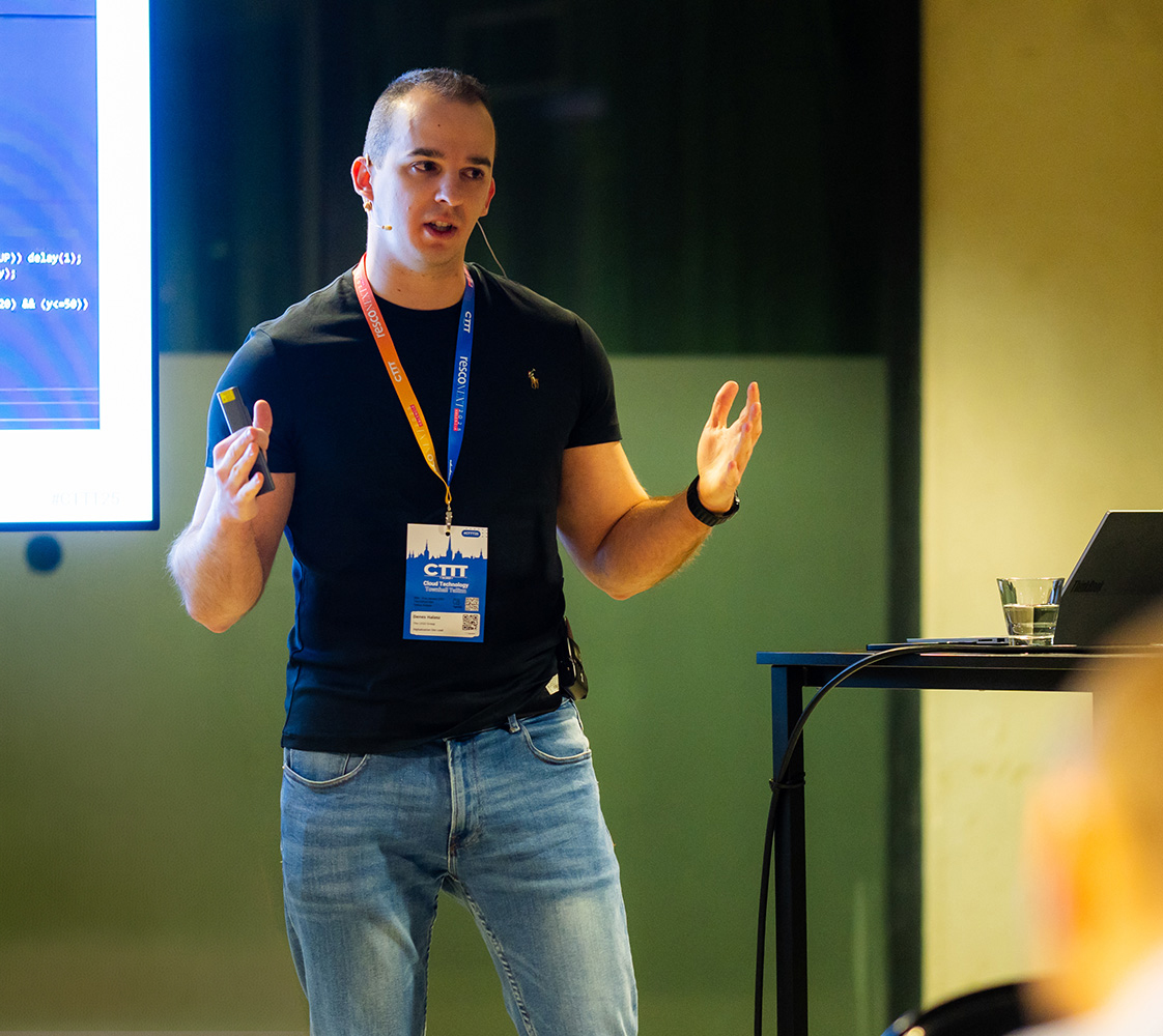 Denes Halasz speaking at a conference